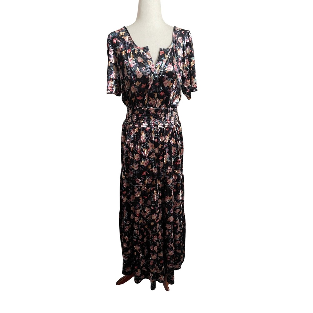 Natural Life Bella Floral Velvet Maxi Dress Black Smocked Boho Small Whimsigoth